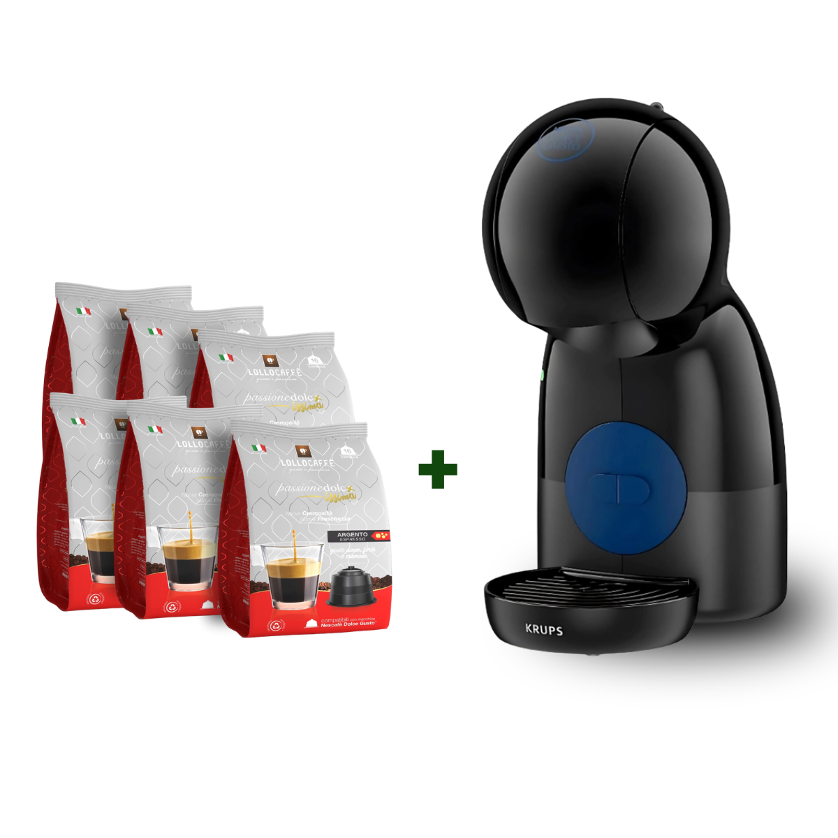 Macchina Caffè a Capsule Dolce Gusto XS Krups – Compatta, 15 bar, Calde/Fredde + 96 Capsule Lollo Argento